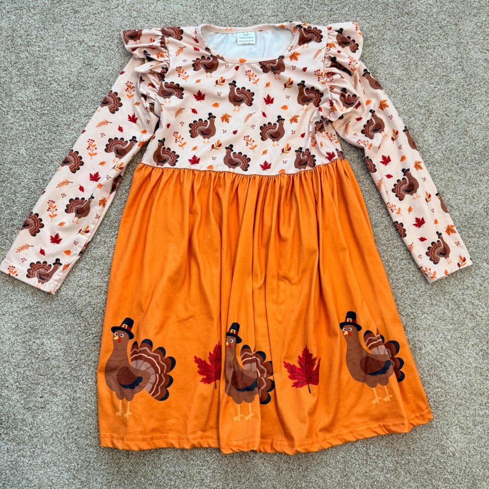 Turkey Print Dress Girls‎ Size 9-10Y Orange Fall Long Sleeve Ruffle Thanksgiving